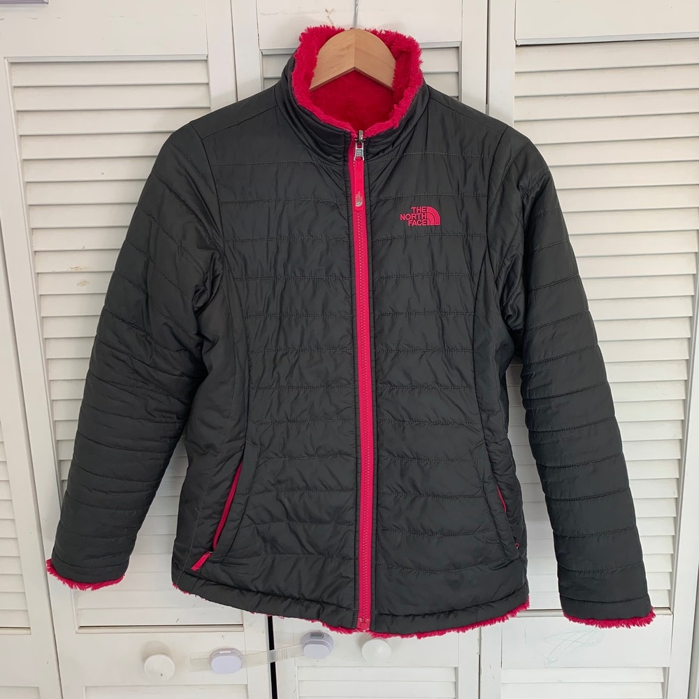 The North Face Girl Youth XL 18 Reversible Mossbud Jacket Coat Grey Pink Fleece
